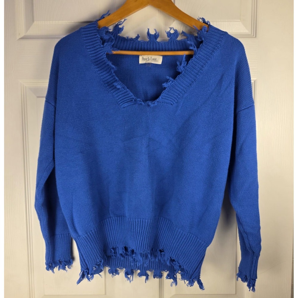 Peach Love California Royal Blue VNeck Sweater M Knit Fringe Grunge Distressed